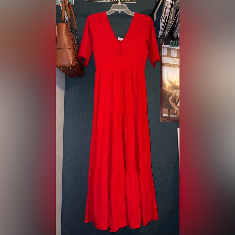 100% Cotton Red V-Neck Tiered Maxi Dress - Classic Women's Summer Style